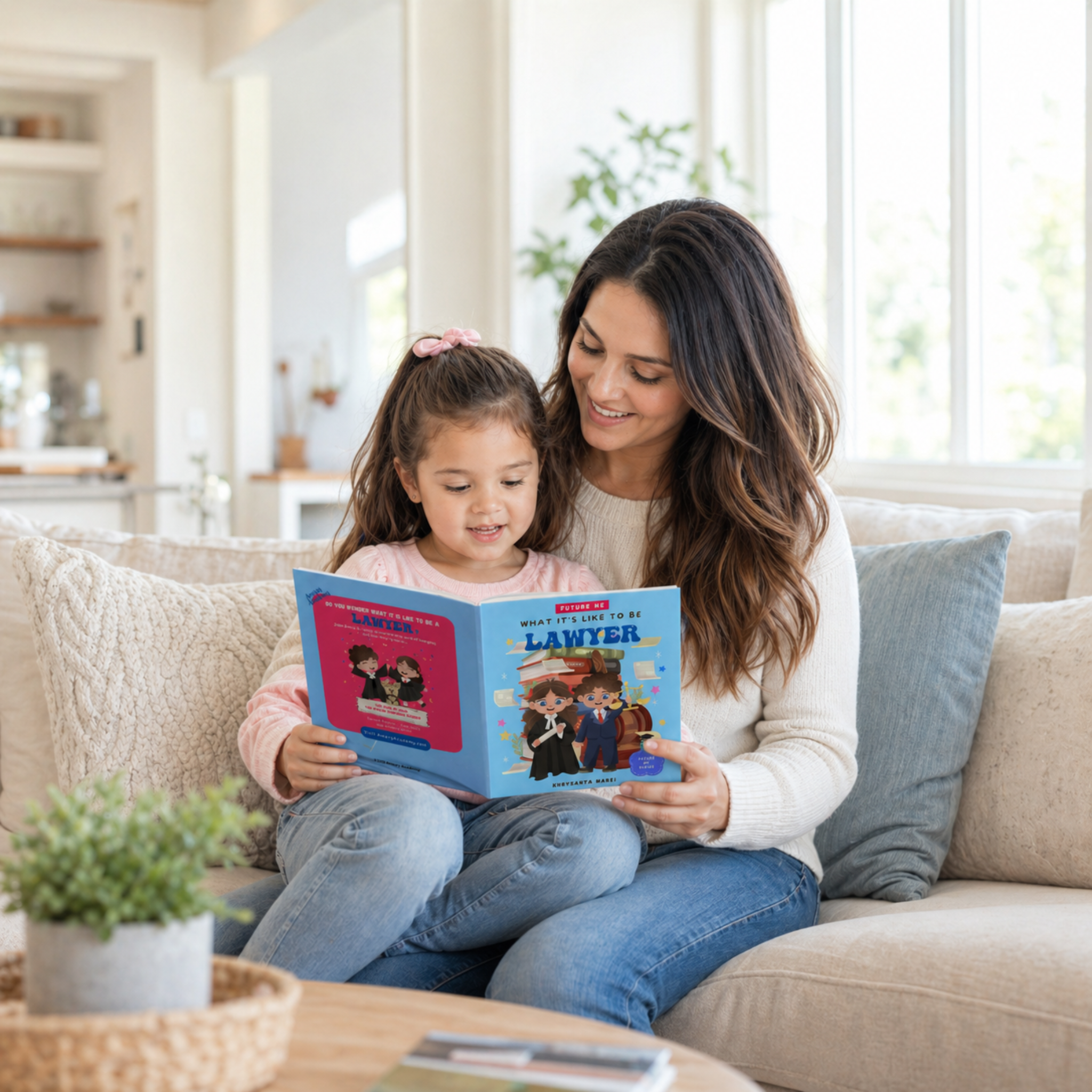 Mother and daughter reading the Future Me lawyer book